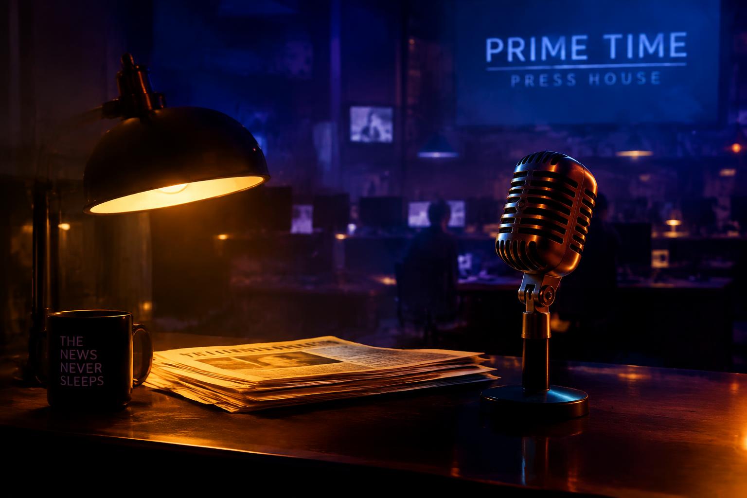 A broadcaster at the desk, on air